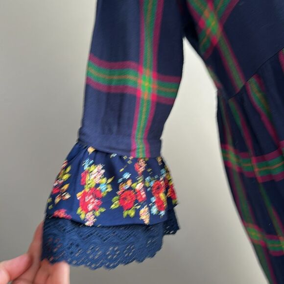 Anthropologie Bombey & Paisley Plaid Shirt Dress XL – Ruffle Sleeves 100% Cotton - Picture 6 of 12